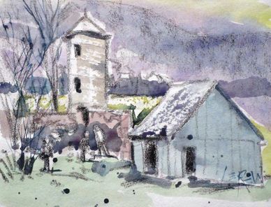 "Spring Brush Clean Up" Crayon Resist Painting LarryLerew.com farm ruins with cement silo and shed.