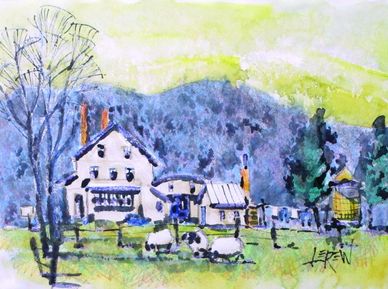 "Water Street Farm" Crayon Resist Painting LarryLerew.com farm with sheep, corn crib, blue mountain.