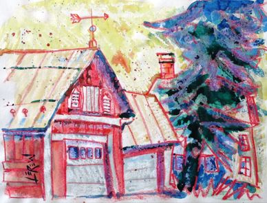 "Metal Roof" Crayon Resist Painting LarryLerew.com house and garage and barn all have metal rooves.