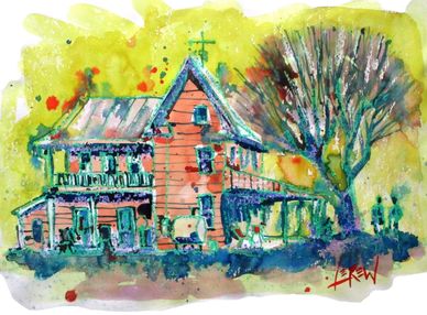 "Neighbor Talk" Crayon Resist Painting LarryLerew.com talking to neighbor in front of the house.