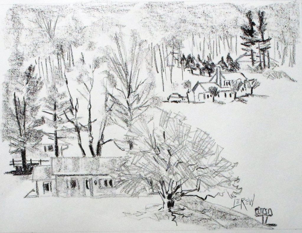 Wax Crayon plein air drawing of homes on South Mountain Road, Dillsburg, Pennsyvania. Larry Lerew
