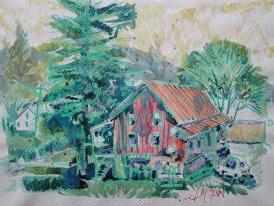 "New Copper Roof" Crayon Resist Painting LarryLerew.com house portrait twin hill road, Dillsburg, PA