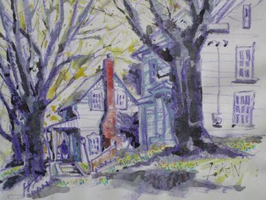"Early Spring" Crayon Resist Painting Print by LarryLerew.com. Houses with Spring flowers blooming.