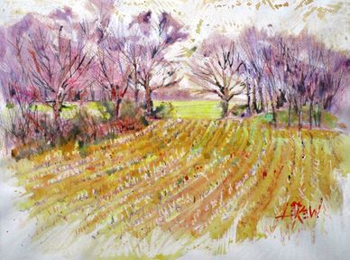 "April Corn Fields" Crayon Resist Painting by LarryLerew.com resting field ready for Spring planting
