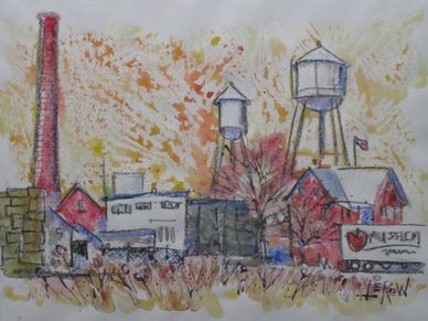 "Biglerville Skyline Musselman's Factory" Crayon Resist Painting LarryLerew.com applesauce plant.