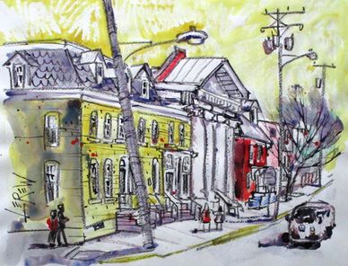 "Gettysburg Columns" Crayon Resist Painting LarryLerew.com  W. Water St. on N. Washington St.