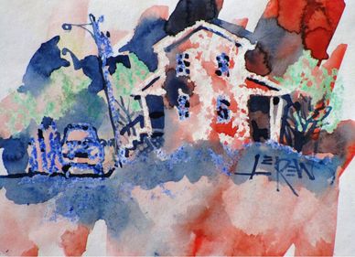 "Stopping In" Crayon Resist Painting LarryLerew.com rural house with visitor stopping to chat.
