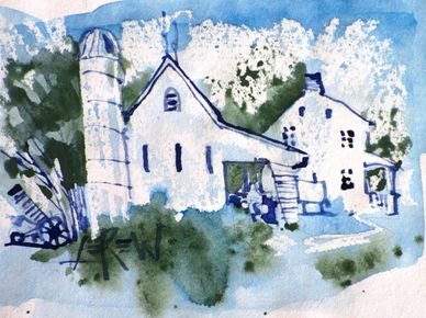 "Friends Of Ours" Crayon Resist Painting LarryLerew.com farm with small barn and silo.