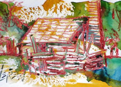 "Great Hopes Plantation Cabin" Crayon Resist Painting LarryLerew.com Learning exhibit Williamsburg.