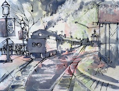 "Snow, Smoke and Steam" Crayon Resist Painting by LarryLerew.com. A cold day at the train Station.