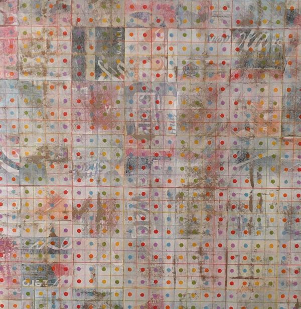 "Bingo" Upcycled Cardboard Painting LarryLerew.com abstract patterns over grids and squares.