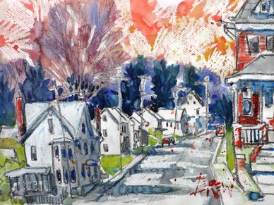 "Living Together" Crayon Resist Painting Print Main Street, York Springs, PA by LarryLerew.com