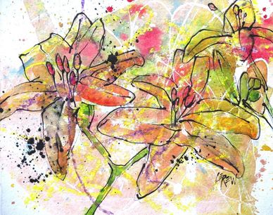 "Lilies Of Color" Crayon Resist Painting by LarryLerew.com. Colorful lilies blooming with color.