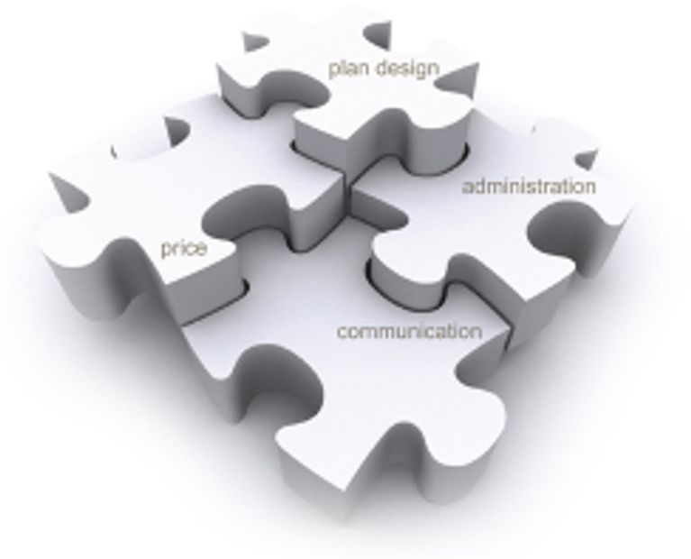 Four white puzzle pieces with words, such as plan design, price, administration, and communication