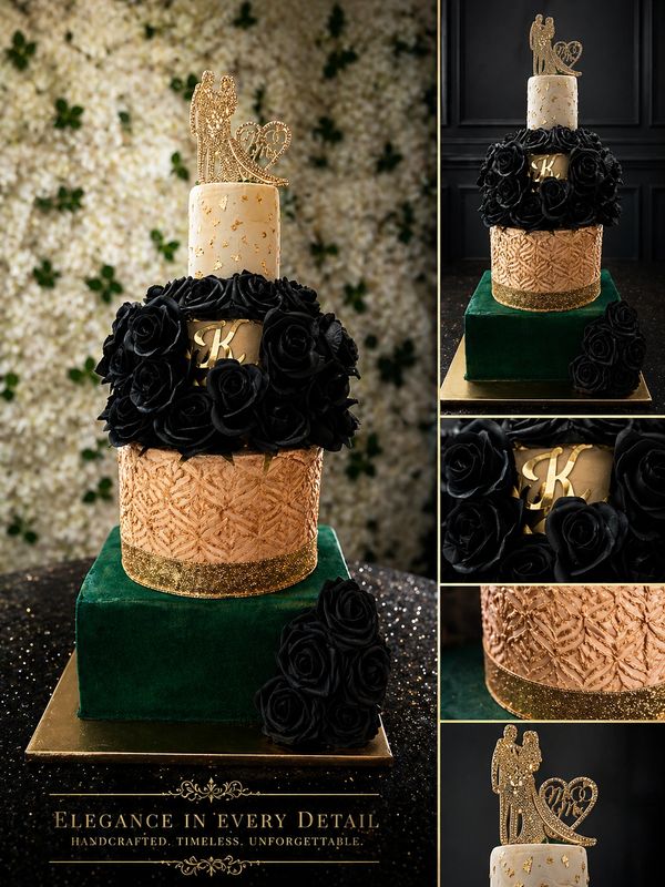 Elegant multi-tiered cake with black roses and gold accents.