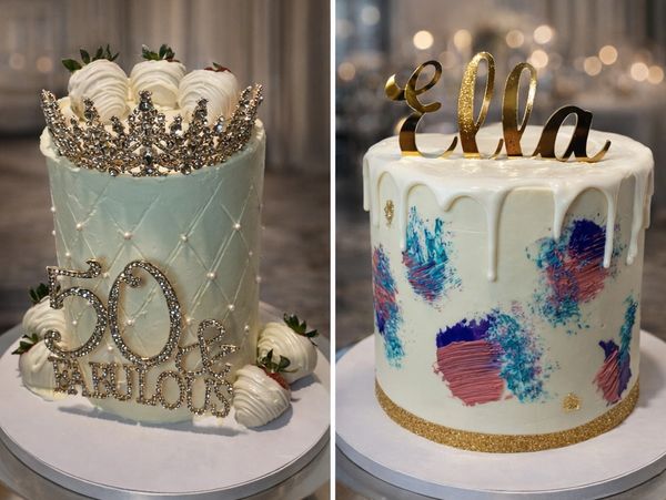 Elegant 50th birthday cake adorned with a jeweled crown and white chocolate strawberries.