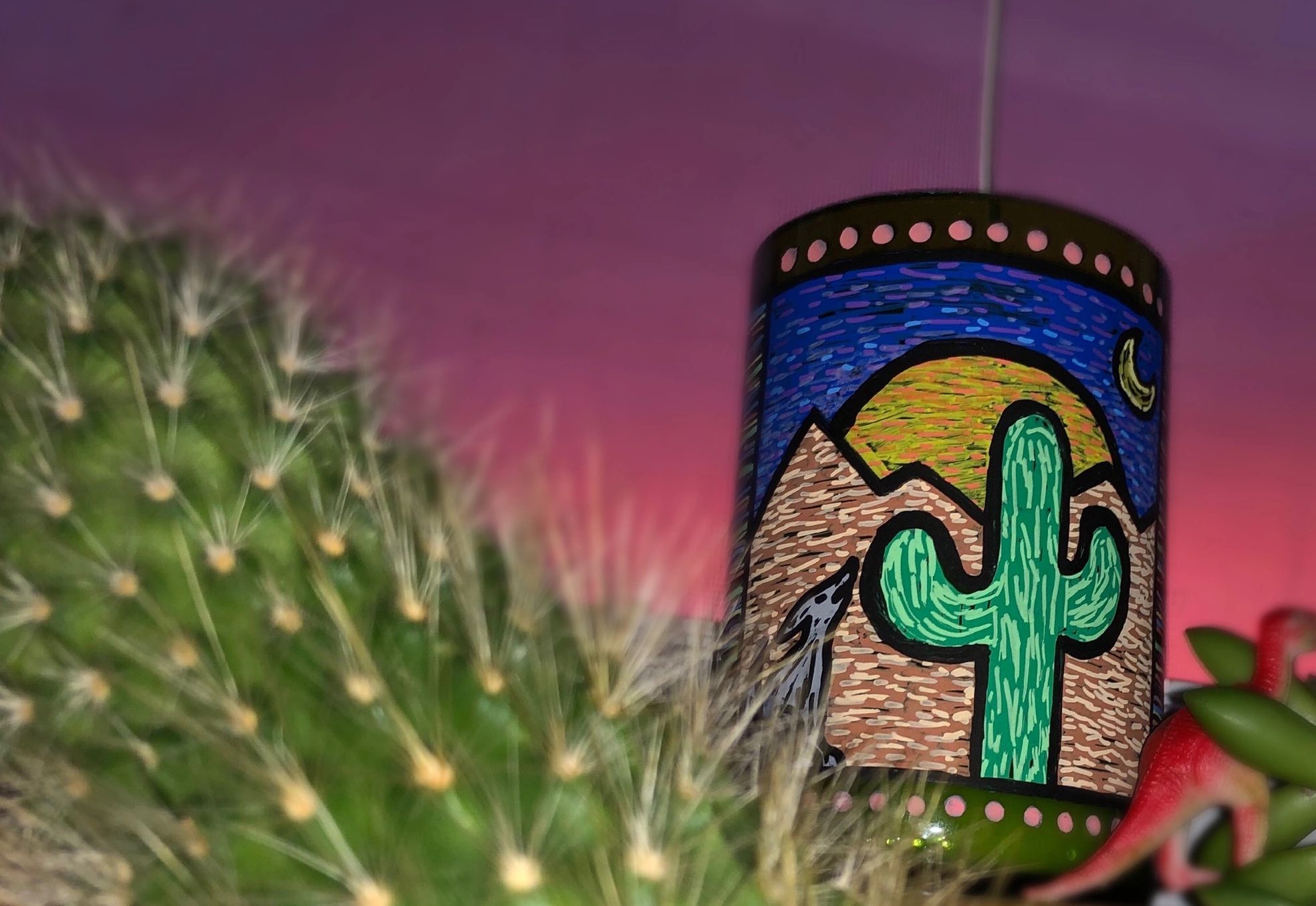 handmade hand-painted wine bottle candle, soy wax, cactus, southwestern, arizona