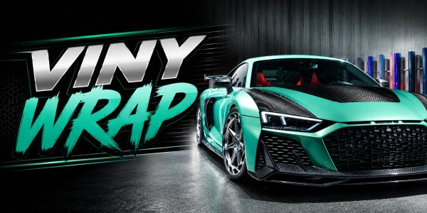 A sleek sports car with vinyl wrap and bold text.