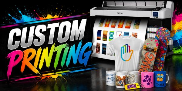 Custom printing showcasing T-shirts, mugs, and skateboards.