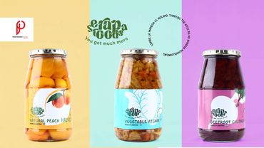 Three jars of Erapa Stock preserves: Natural Peach Halves, Vegetable Atchara, and Beetroot Cutlets.