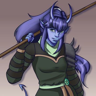 Purple-skinned fantasy warrior woman with horns and a spear.