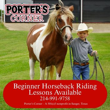 An image showing Porter walking a small horse and advertising beginner horseback riding lessons
