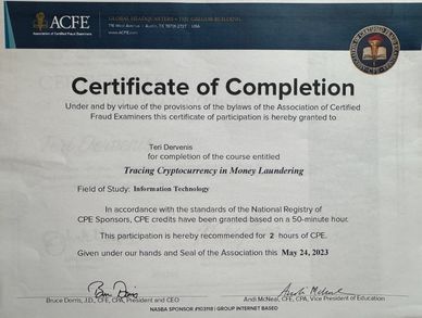 Certificate of Completion from ACFE course Tracing Cryptocurrency in Money Laundering.