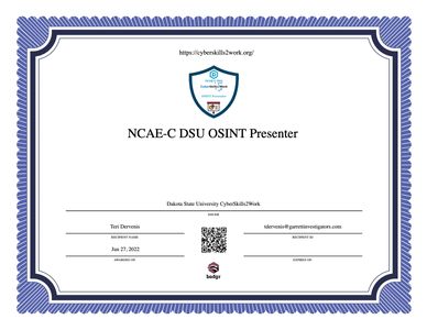OSINT Presenter Certificate from Dakota State University.
