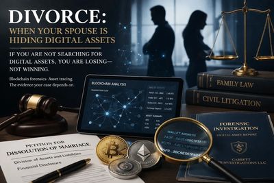 Hidden cryptocurrency assets in divorce investigation with blockchain tracing and forensic analysis.