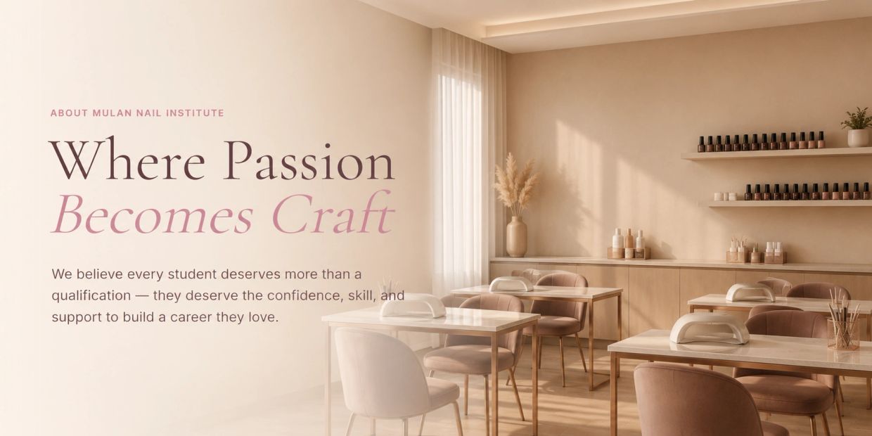 Nail institute classroom with modern decor and inspirational text.
