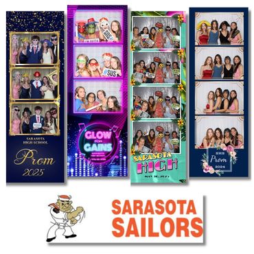Students having fun at photo booth at school dance