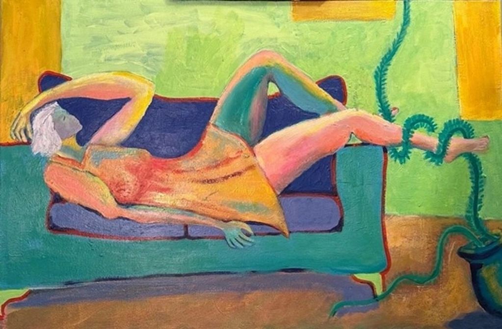 Colorful painting of woman laying on a couch with a plant growing around her leg.