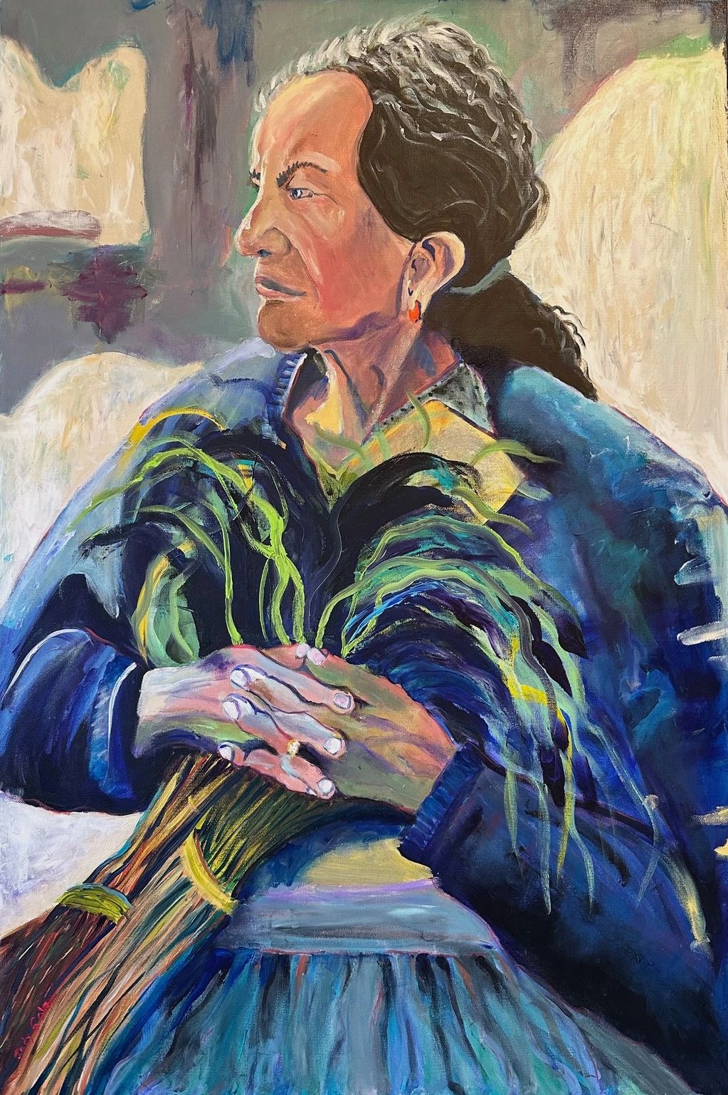 Woman carrying wild grasses