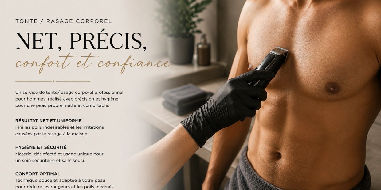 Service professionnel de tonte/rasage corporel précis et hygiénique pour hommes.