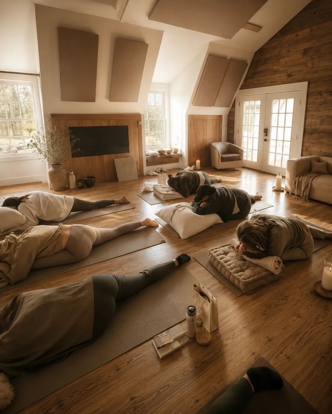 Women practicing somatic movements on a yoga mat during the UNBOUND retreat.
