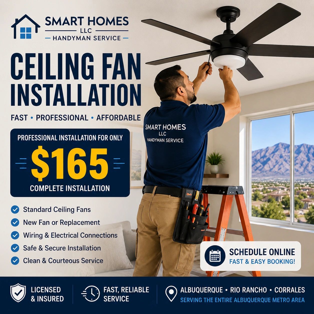 Professional ceiling fan installation in Albuquerque, Rio Rancho, and Corrales starting at just $165