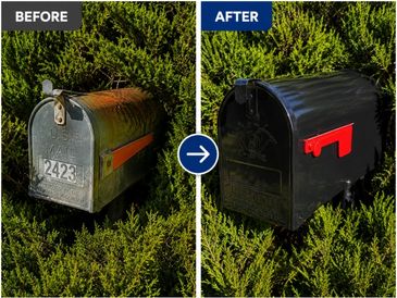 Before and after mailbox replacement project in Northeast Albuquerque featuring an old rusted mailbo