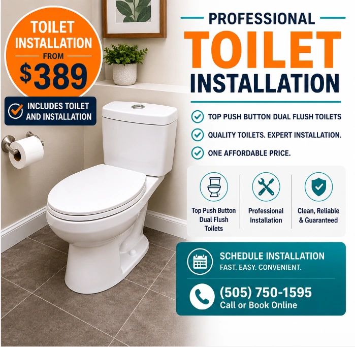 Modern dual flush toilet installation in Albuquerque with professional handyman service.