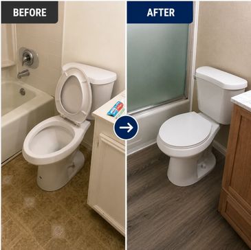 Before and after view of a toilet installation completed during a full bathroom remodel in a Rio Ran