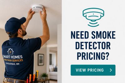 Smart Home Services technician installing a smoke detector with smoke detector pricing information.