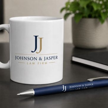 White mug and pen branded with Johnson & Jasper Law Firm logo on a desk.