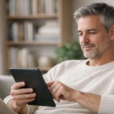 Man reading on tablet