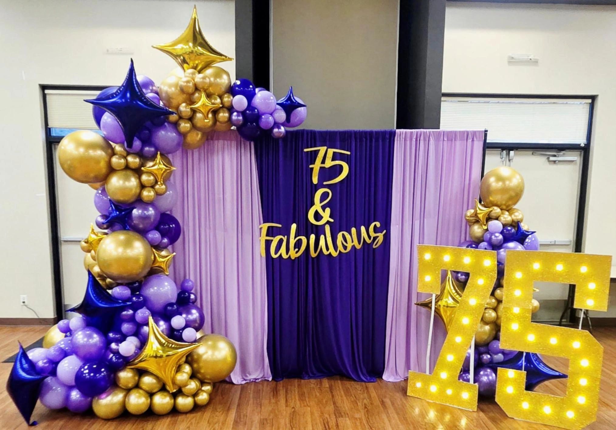 Purple and gold Balloon Decor Parker CO with Balloon Garlands, marquee numbers, and backdrop.