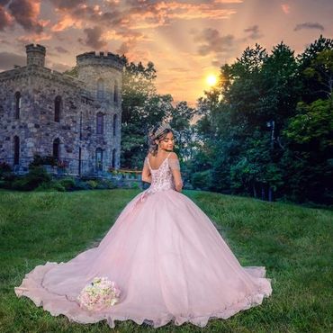 A brunette girl in a long-tailed wedding dress at her wedding celebration in a park