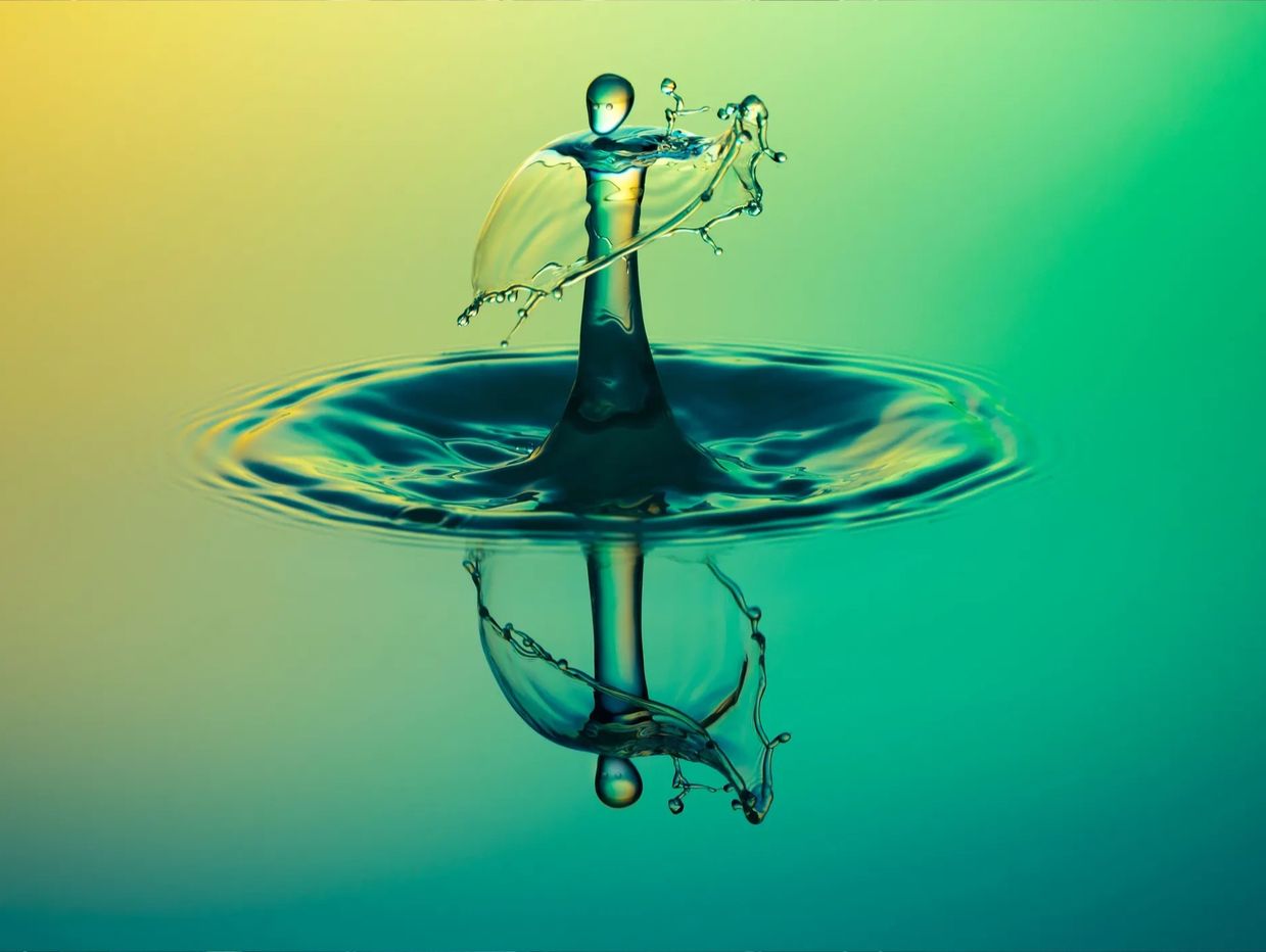 Close-up of a water droplet splash creating a unique shape with reflection.