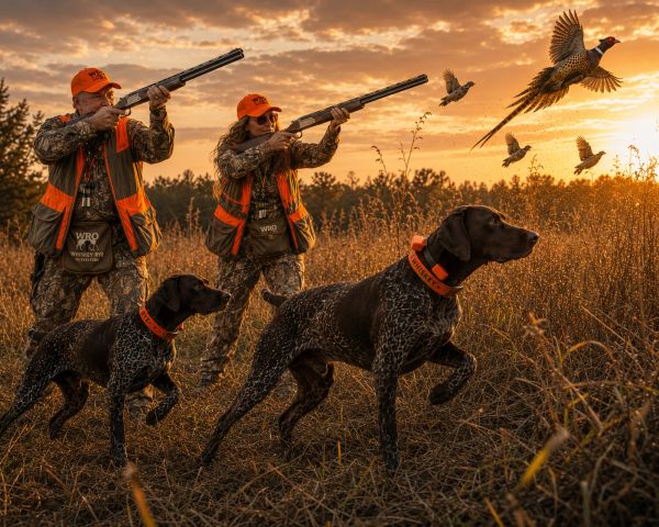 Hunters aiming at birds with dogs in a field at sunset.