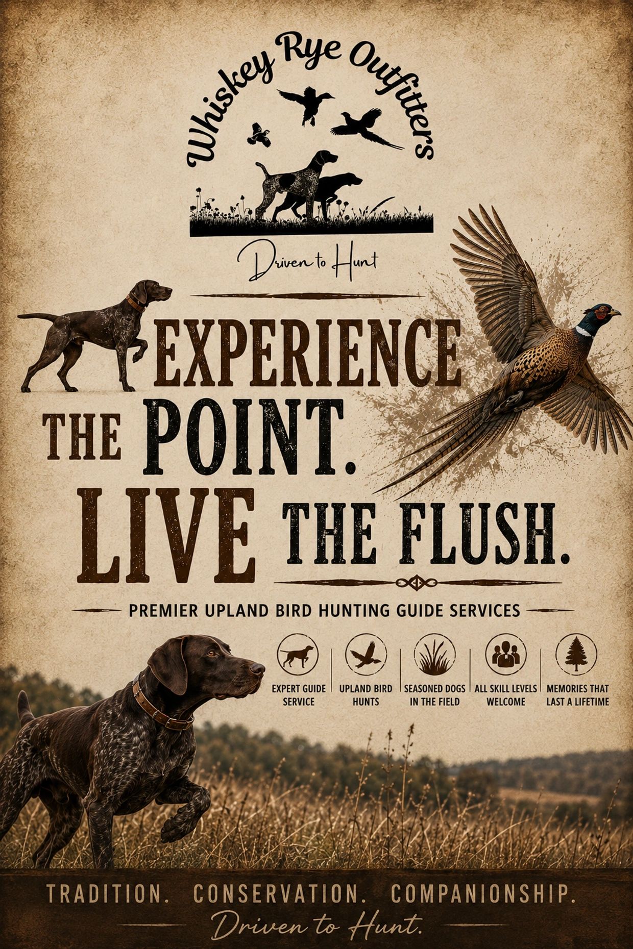 Upland bird hunting advertisement with dog and bird imagery.