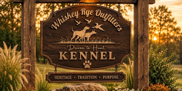 Wooden sign for Whiskey Rye Outfitters Kennel at sunset.