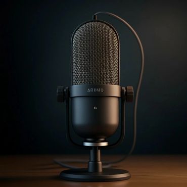 A stylish black ARDMO microphone on a wooden surface with a dark background.
