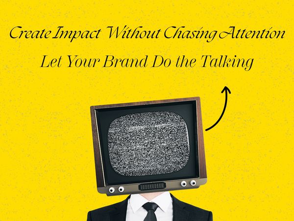 Person in suit with TV head and brand-focused message on yellow background.